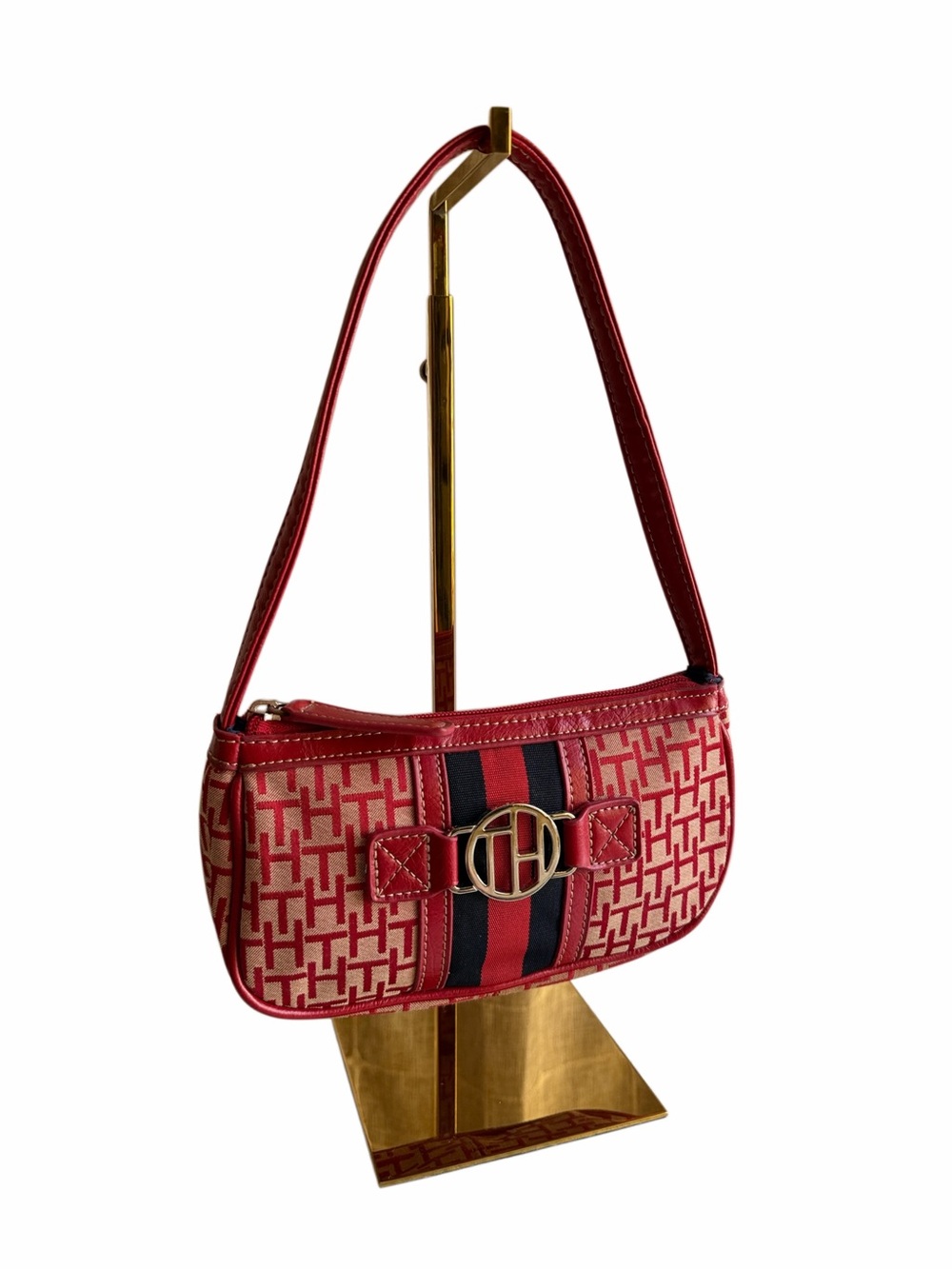 Tommy Hilfiger Red Monogram Shoulder Bag with Navy Stripe